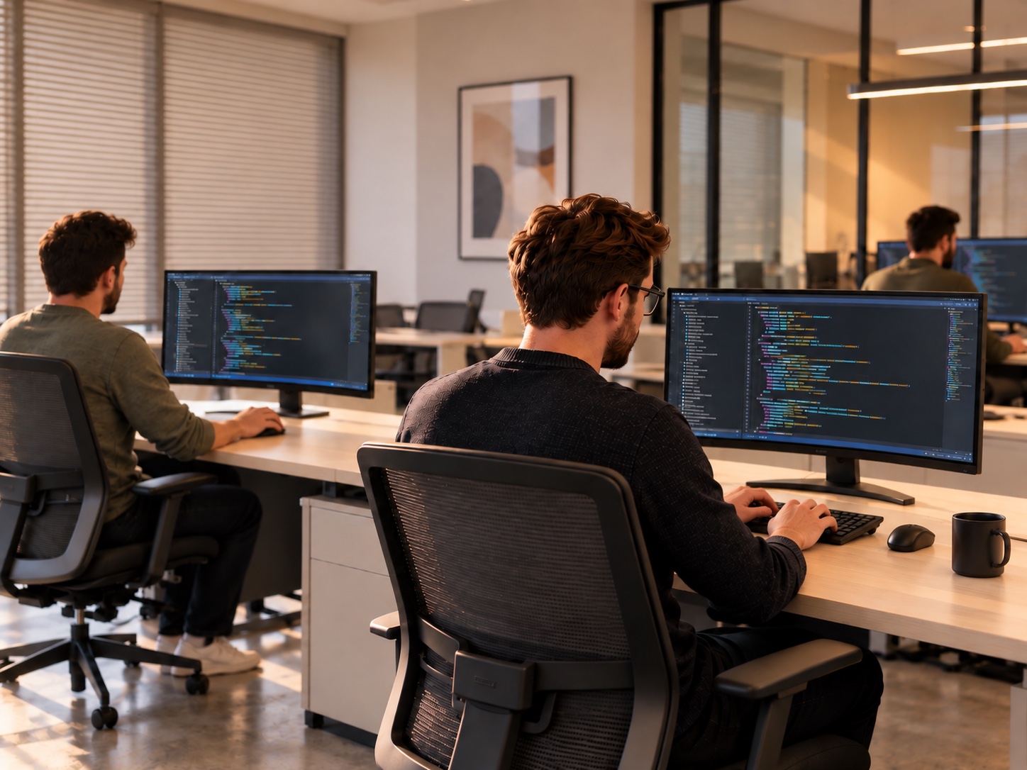 Developers working at desktop computers in a sunlit office.