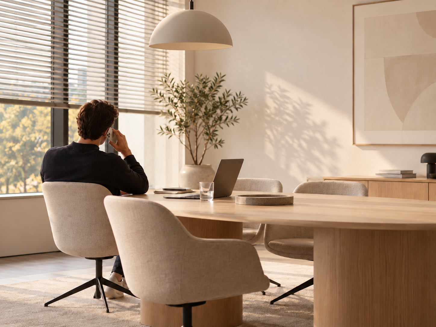 Iemand voert een telefoongesprek in een zonnige vergaderruimte