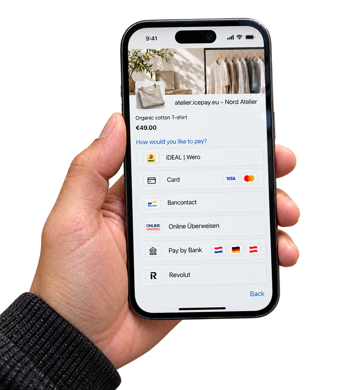 ICEPAY Checkout on a handheld phone, showing an order and a choice of payment methods.