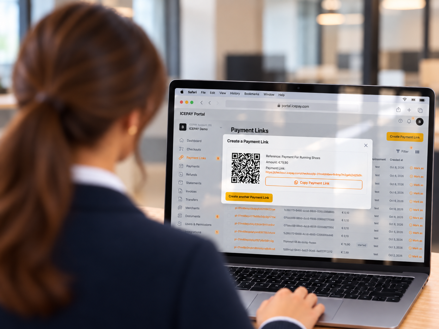A woman using Payment Links in the ICEPAY Portal on a MacBook, with a generated payment link and QR code on screen.